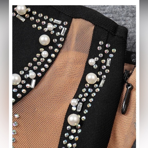 BLACK HEART SHAPED RHINESTONE PEARL NUDE MESH ONE SHOULDER FULL LENGTH GOWN XL - Picture 5 of 16